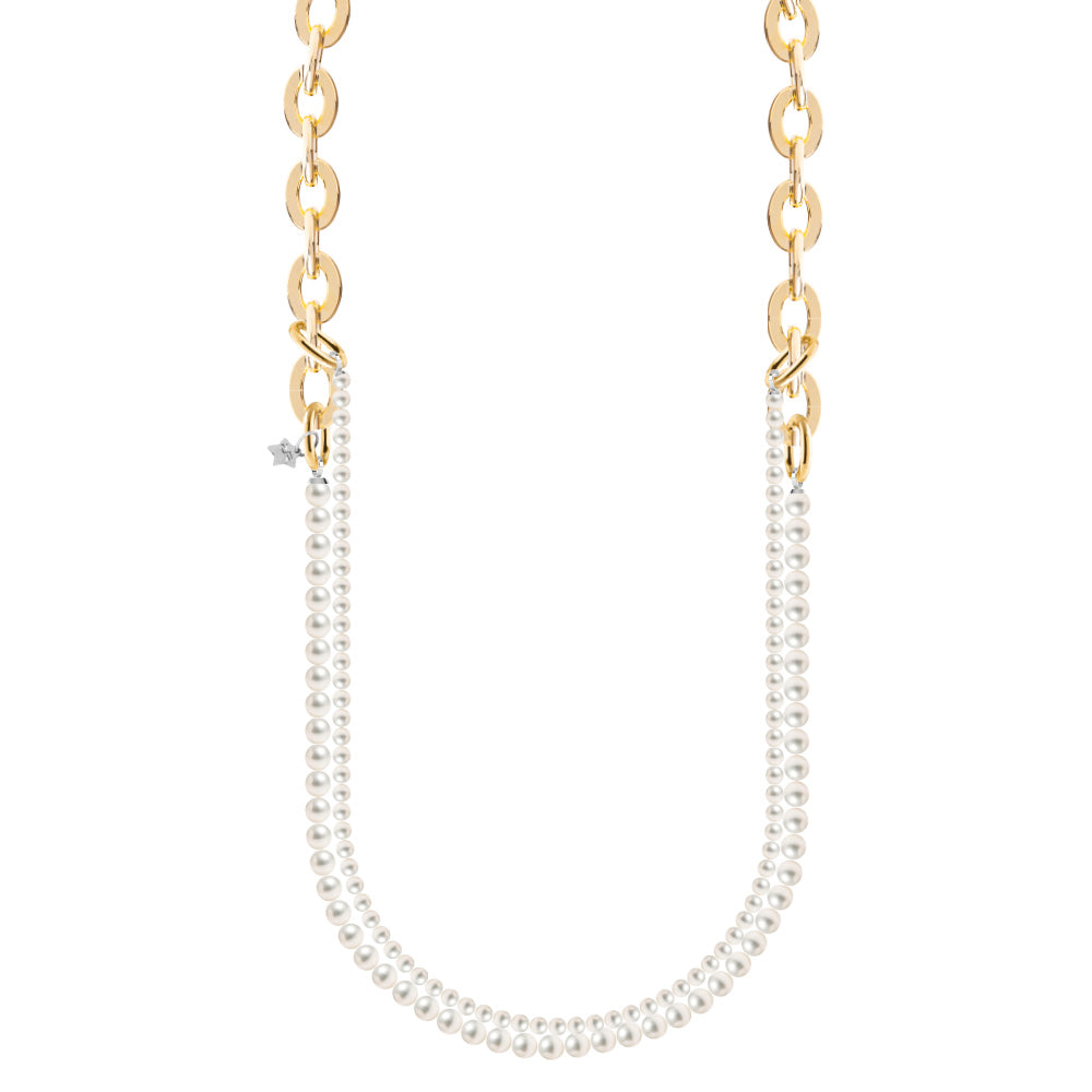 Collana lunga con maglia ovale e doppio filo di perle