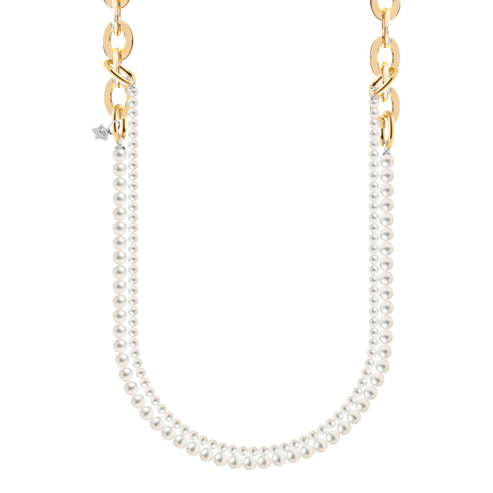 Collana lunga con maglia ovale e doppio filo di perle