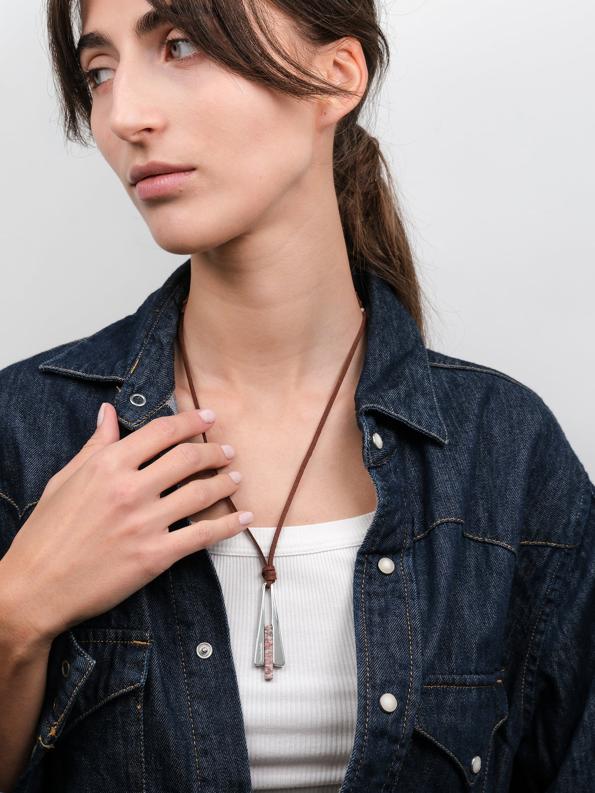 Necklace with irregular pyramid pendant and natural stone