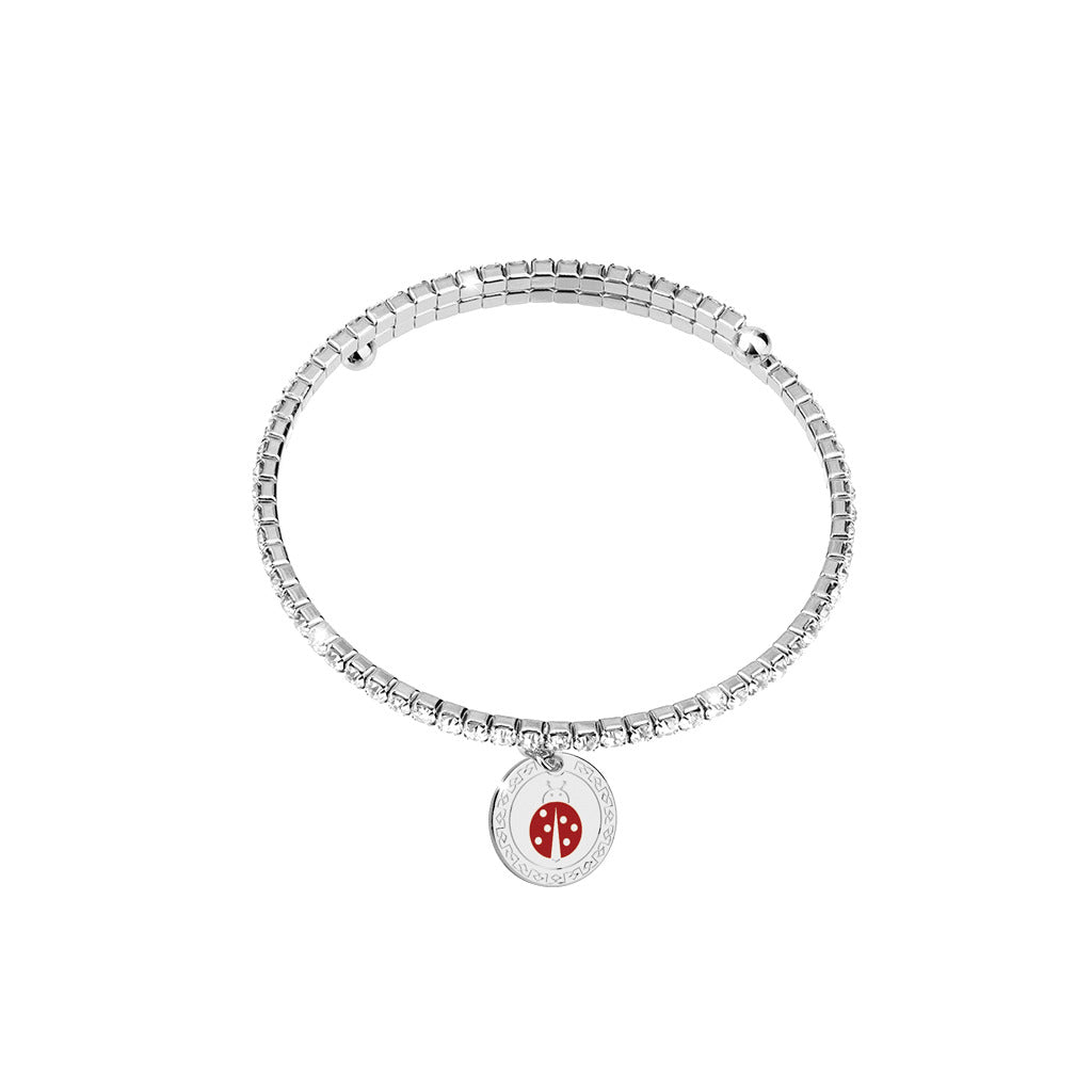 Bracciale a molla in bronzo con cristalli e charm coccinella smaltata rossa